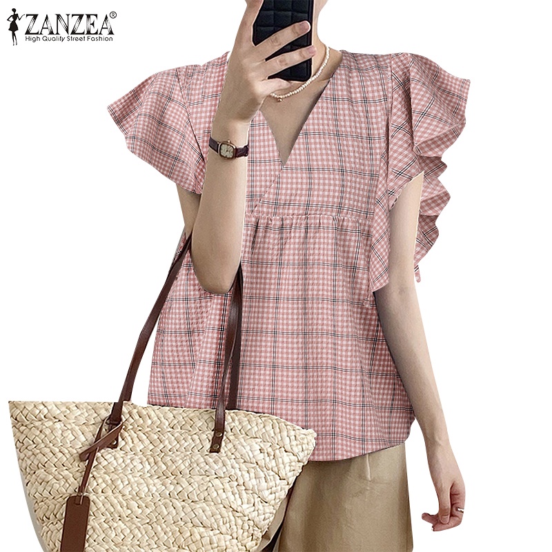 Áo sơ mi ZANZEA tay ngắn họa tiết caro phong cách Hàn Quốc thời trang cho nữ