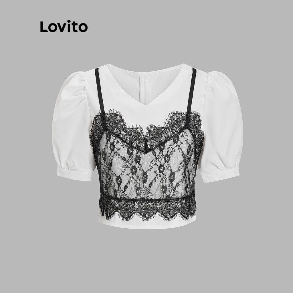 Áo kiểu Lovito tay ngắn cổ V khóa kéo sau lưng phối ren màu trơn thường ngày cho nữ L49AD057 (Màu đen và trắng)