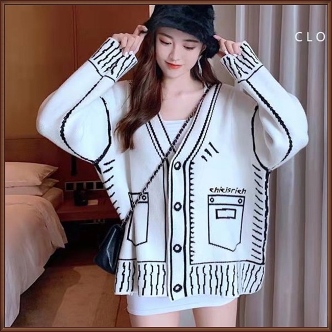 Áo Khoác Cardigan Dệt Kim Dáng Rộng Cỡ Lớn In Hoạt Hình Graffiti Dễ Thương Cho Nữ