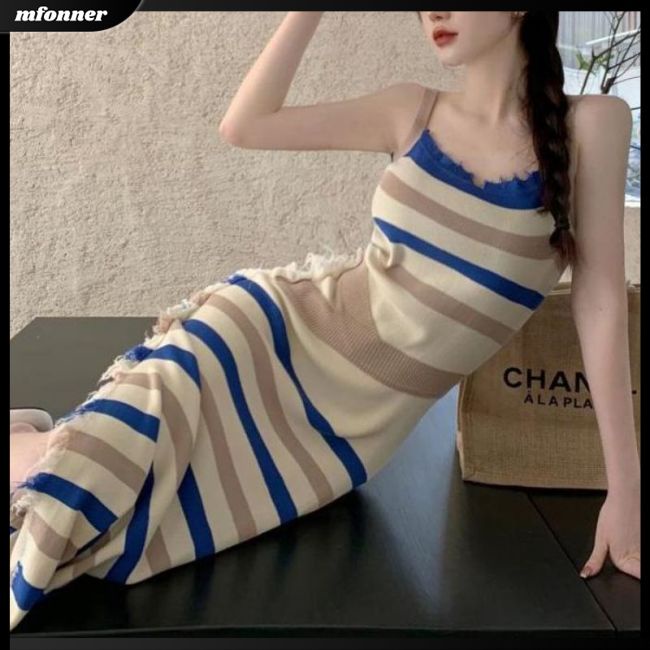 Đầm Dệt Kim Không Tay Màu Sắc Tương Phản Phong Cách Retro Dành Cho Nữ