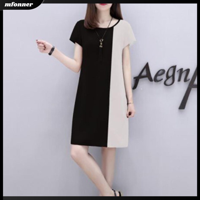 Đầm Dáng Chữ A Tay Ngắn Cổ Tròn Màu Sắc Tương Phản Thời Trang Cho Nữ