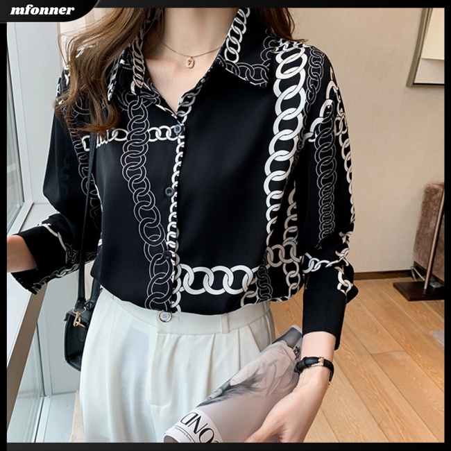 Áo Sơ Mi Chiffon Tay Dài In Họa Tiết Dây Xích Đơn Giản Cho Nữ
