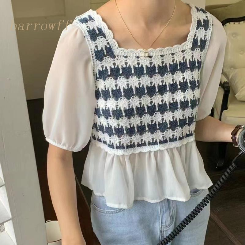 Brroa Áo Sơ Mi Chiffon Tay Lửng Thêu Họa Tiết Khối Màu Thời Trang Mùa Hè Cho Nữ