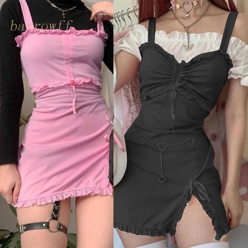 Brroa Đầm Mini Ôm Dáng Không Tay Phối Ren Và Dây Rút Phong Cách Harajuku Ngọt Ngào Mùa Hè Cho Nữ