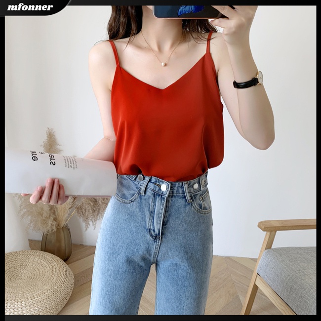 Áo Voan Hai Dây Cổ Chữ V Dáng Rộng Màu Trơn Thời Trang Mùa Hè Dành Cho Nữ