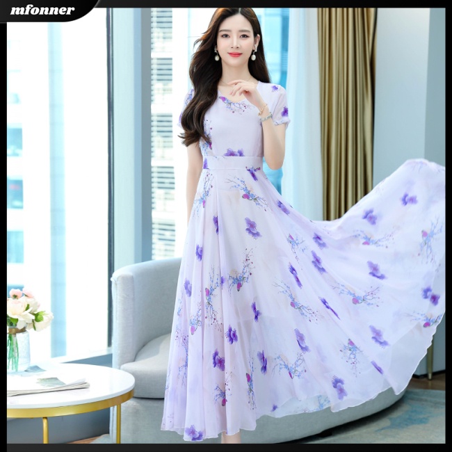 Đầm Midi Ngắn Tay Cổ Tròn Eo Cao in Hoa Thời Trang Dành Cho Nữ