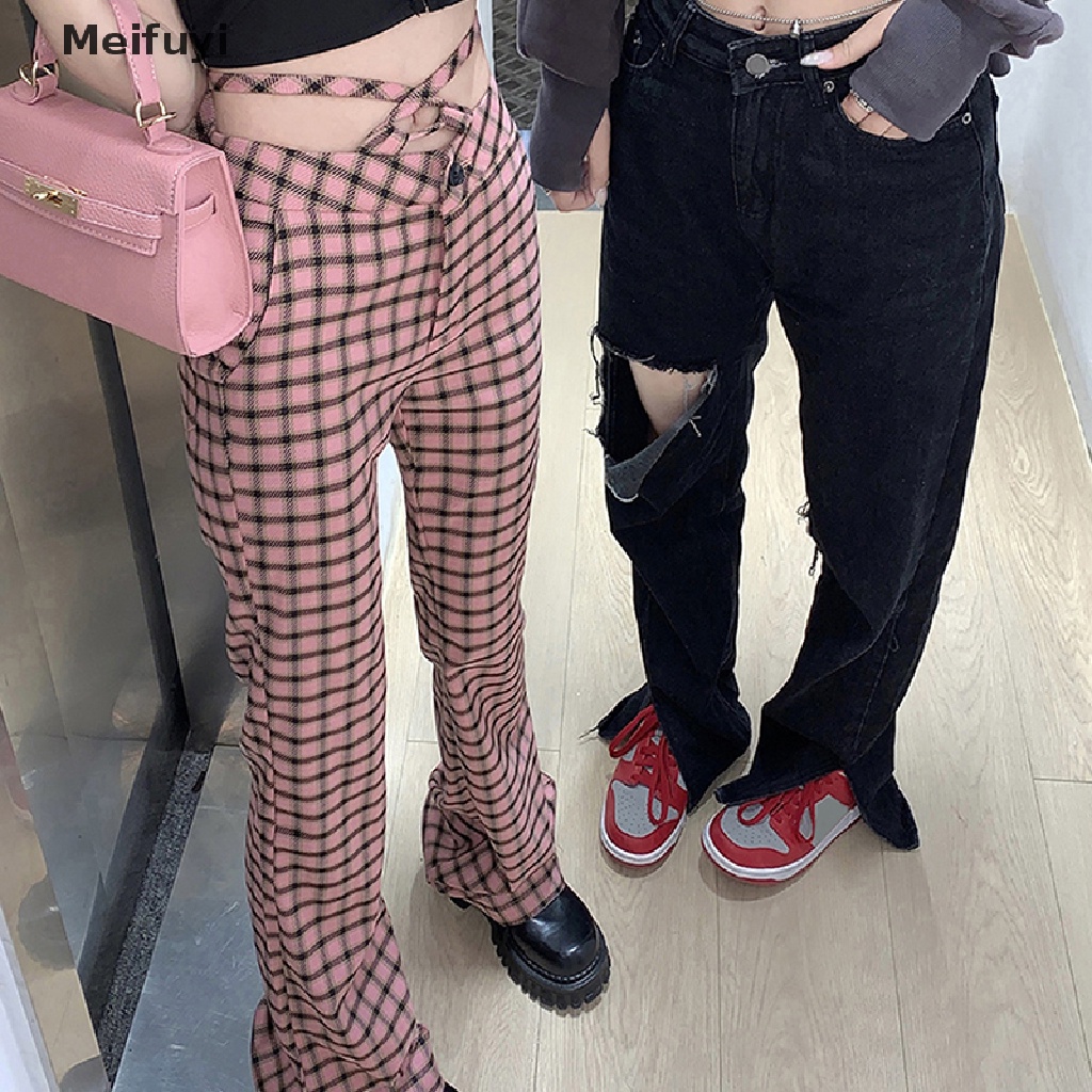 [Meifuyi] Quần Kẻ Sọc Màu Hồng Eo Cao Thời Trang Hè Cho Nữ