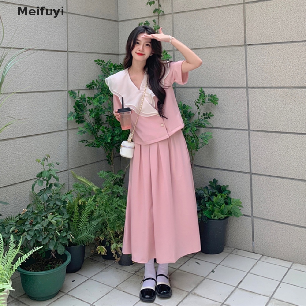 Bộ Áo Cổ Chữ V Phối Bèo + Chân Váy Dài Thời Trang Vintage Thanh Lịch Cho Nữ