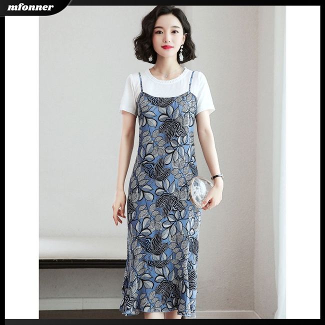 Đầm Giả Hai Mảnh Dáng Suông Tay Cộc Cổ Tròn Giả Hai Mảnh In Họa Tiết Hoa Thoải Mái Cho Nữ