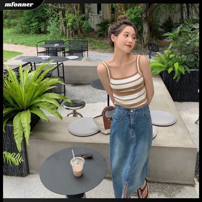 Áo Hai Dây Dệt Kim Kẻ Sọc Thoáng Khí Phong Cách Retro Cho Nữ