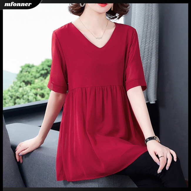 Áo Sơ Mi Voan Tay Ngắn Dáng Rộng Màu Sắc Đơn Giản Thanh Lịch Dành Cho Nữ Trung Niên