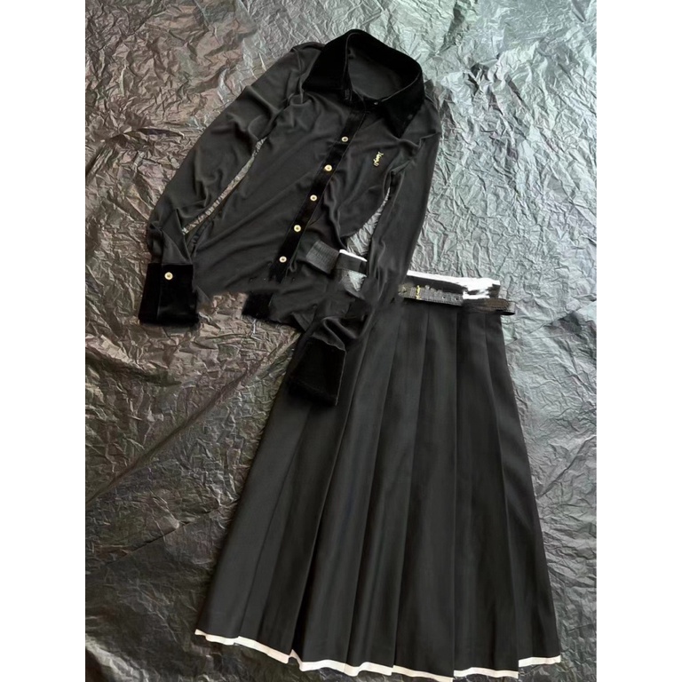 J2SG YSL spring and summer new velvet stitching slim shirt high waist pleated skirt set matching temperament suit