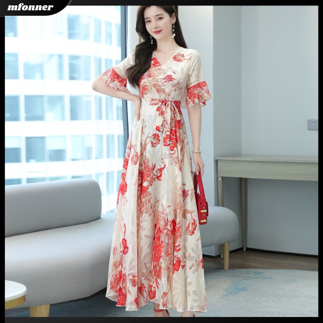 Đầm Tay Ngắn Cổ Chữ V Ôm Eo Thoáng Khí In Họa Tiết Hoa Phong Cách Phương Tây Thời Trang Mùa Xuân Cho Nữ