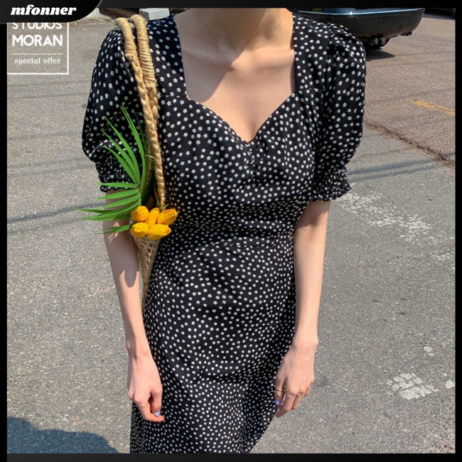 Đầm Chiffon Dáng Chữ A Cổ Vuông Tay Phồng In Hoa Kiểu Retro Xinh Xắn