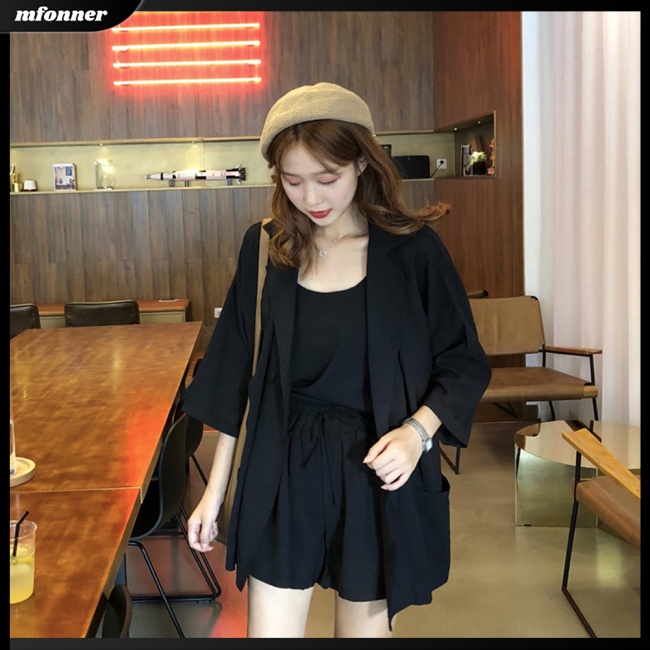 Set Đồ 3 Món Áo Hai Dây + Áo Khoác + Quần Ngắn Lưng Cao Màu Trơn Thời Trang Cho Nữ