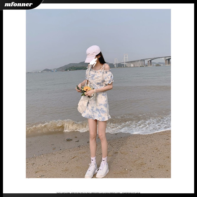 Đầm Cổ Thuyền Tay Phồng In Họa Tiết Hoa Nhuộm Màu Xinh Xắn Thời Trang Cho Nữ