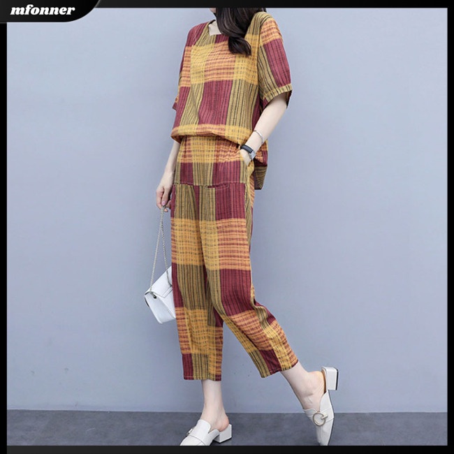 Set Đồ Mùa Hè 2 Món Gồm Áo Thun Tay Cộc + Quần Dài Thẳng Kẻ Sọc Cho Nữ