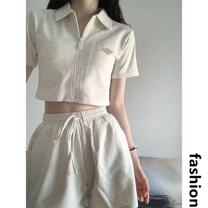 [F &amp; X] Set Đồ Thể Thao Hai Mảnh Áo Thun POLO Ngắn Cổ Khóa Kéo + Quần Short Lưng Cao Kiểu Nhật Bản Thời Trang Mùa Hè Y2k