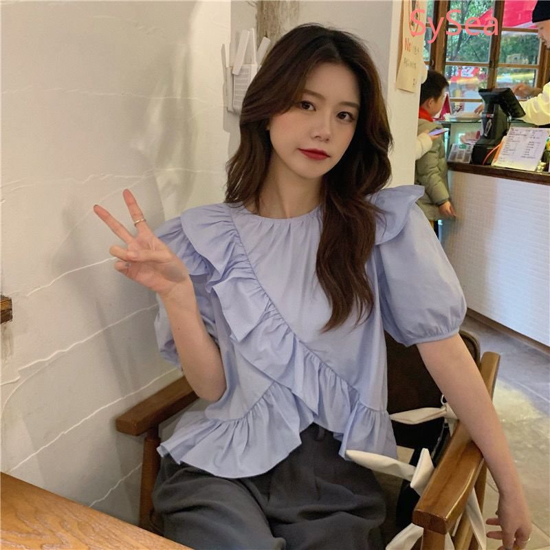 Áo Kiểu Tay Phồng Dáng Rộng Phối Bèo Kiểu Hàn Quốc Dễ Thương Cho Nữ