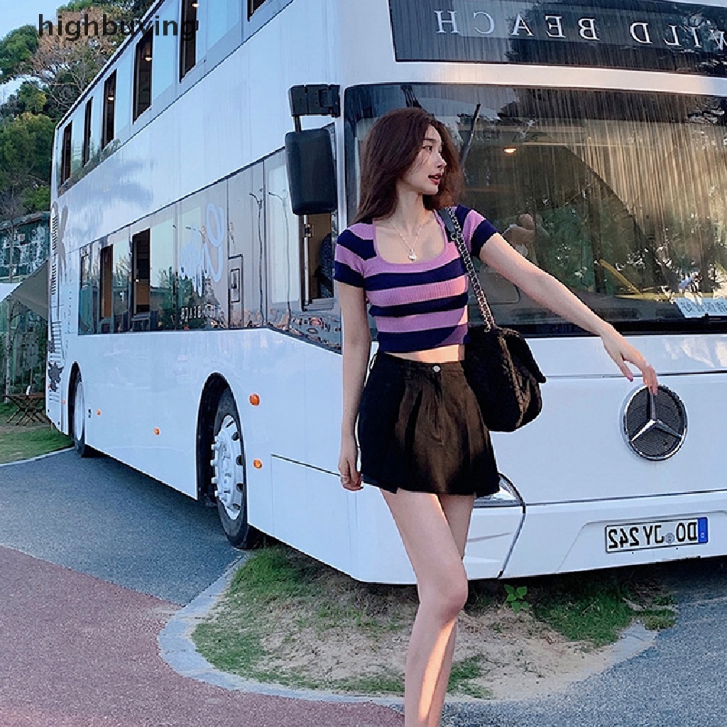 Áo Croptop Dệt Kim Ngắn Tay Cổ Vuông Họa Tiết Kẻ Sọc Phong Cách Retro