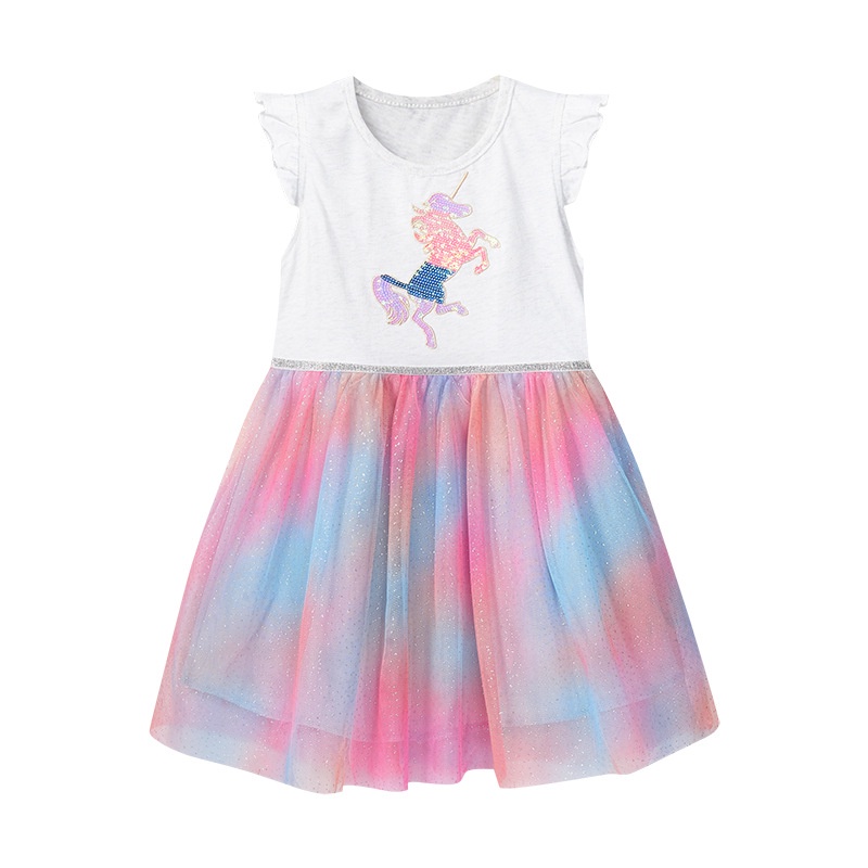 Đầm Vải Gạc Mùa Hè Tay Cộc In Họa Tiết Hoạt Hình Phong Cách Âu Mỹ Thời Trang Cho Bé Gái 0421