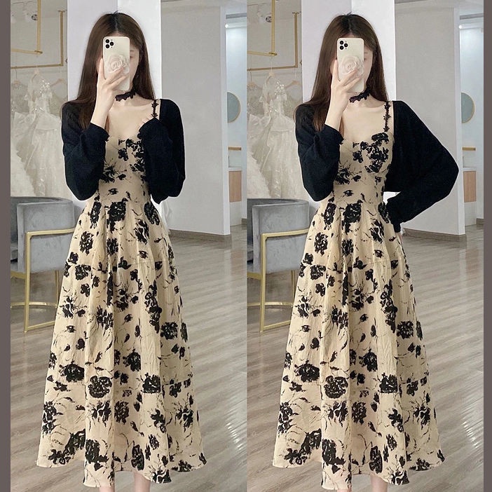 Đầm Hai Dây Dáng Dài Họa Tiết Hoa Phong Cách Vintage Pháp Đầm Đi Biển Maxi