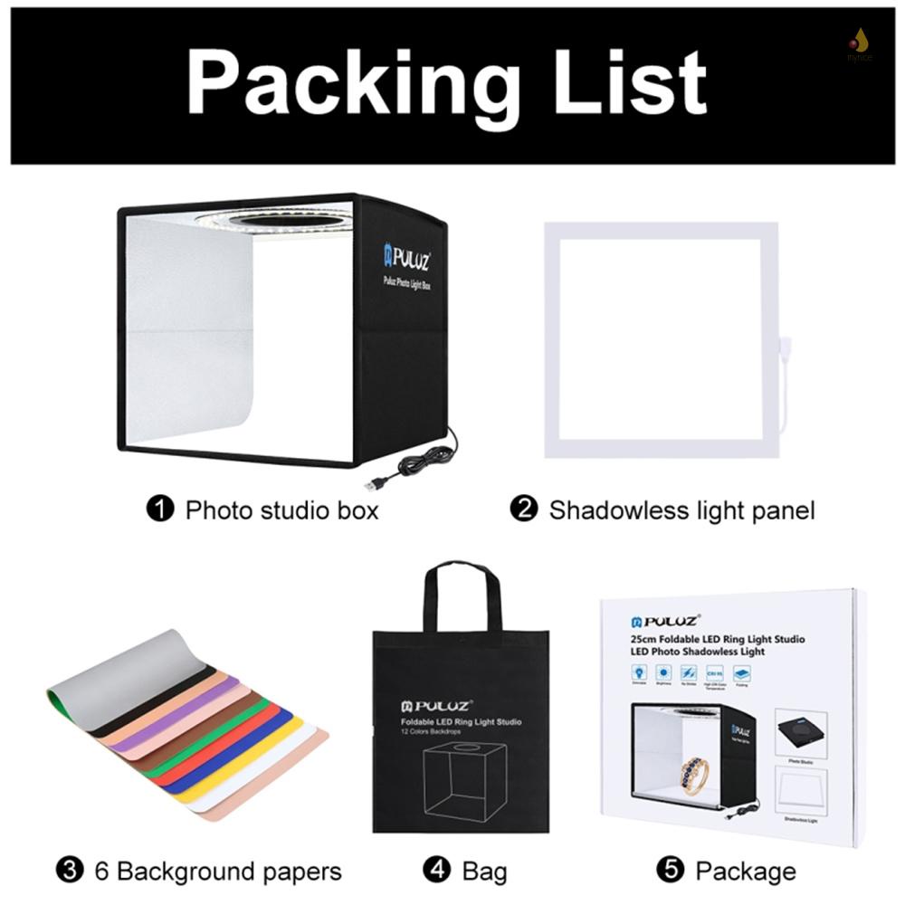 (mynivn) Hộp Đèn Led Chụp Ảnh 10 Cấp Độ Sáng Điều Chỉnh Được PULUZ 25cm Gấp Lại Được + Đệm Đèn Không Bóng