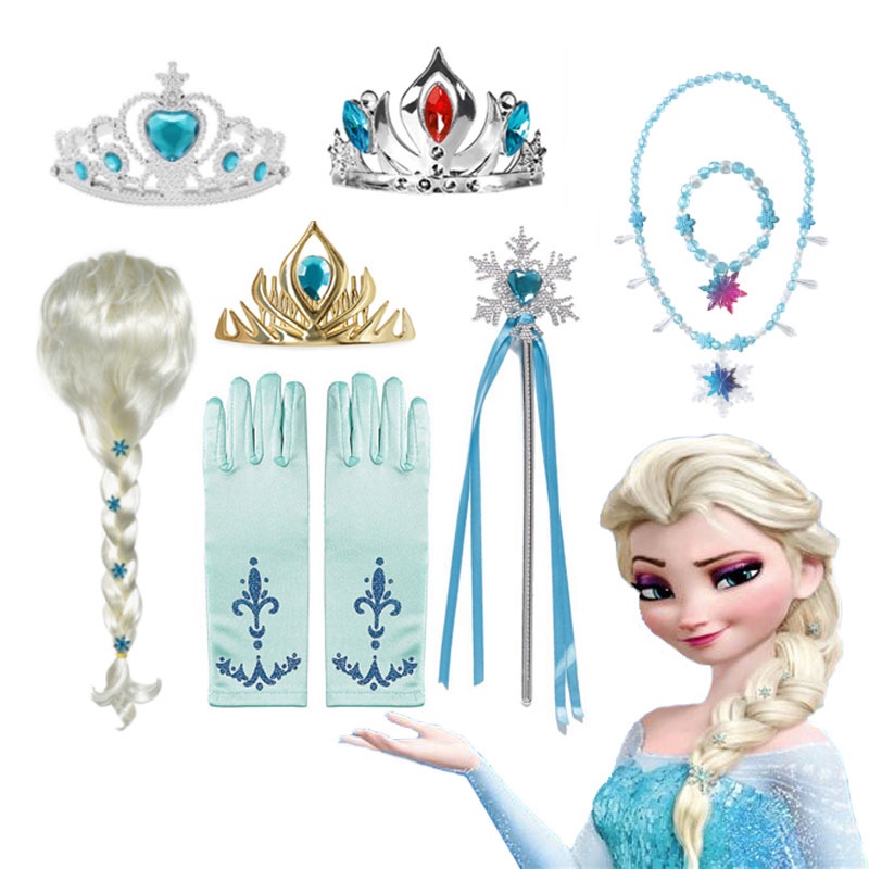 Bộ 5 Frozen Elsa Phụ Kiện Găng Tay Cây Đũa Phép Vương Miện Bộ Trang Sức Elsa Tóc Giả Bím Tóc Giả Cho