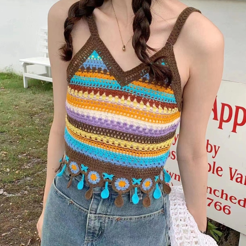 Áo Crop Top Dệt Kim Dáng Rộng Họa Tiết Kẻ Sọc Cầu Vồng Phối Tua Rua Thời Trang Cho Nữ