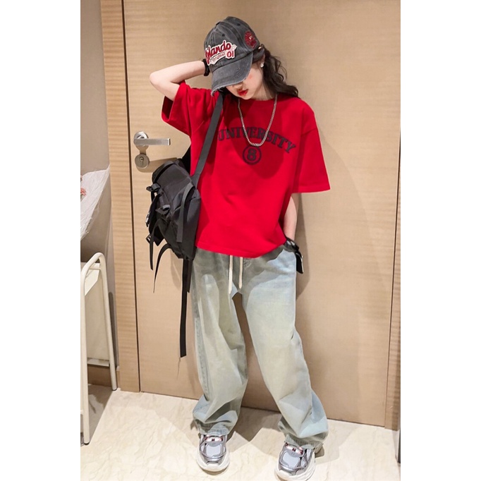 Set Áo Thun Ngắn Tay Và Quần Jeans Ống Rộng Phong Cách Phương Tây Thời Trang Mùa Hè Mới Cho Bé Gái