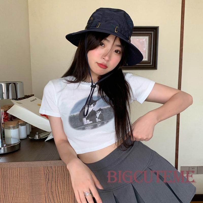 Áo Thun Crop Top Tay Ngắn Cổ Tròn In Hình Mèo Thời Trang Xuân Hè Cá Tính Cho Nữ