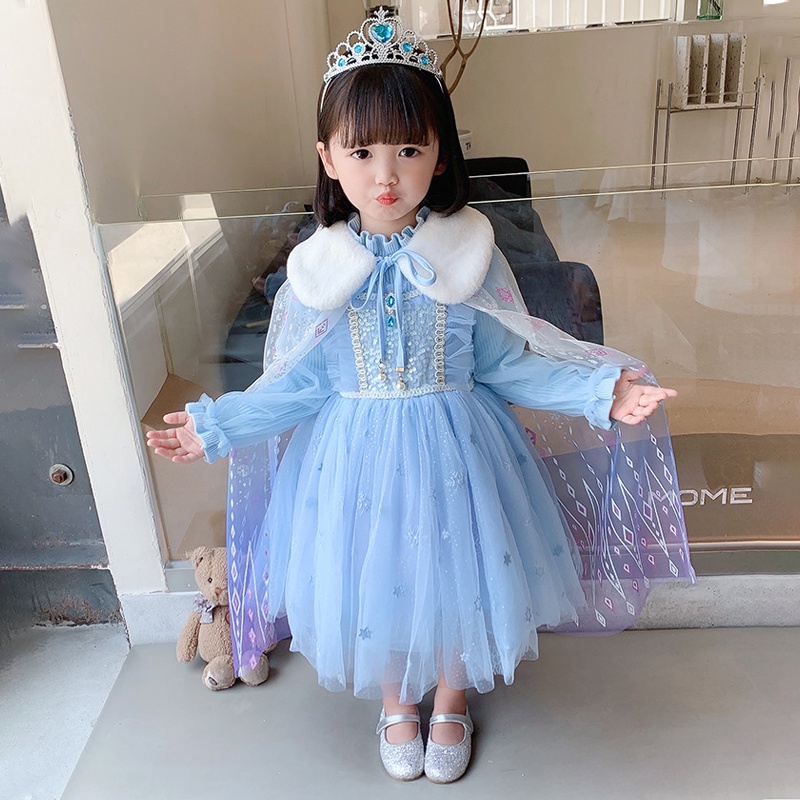 Áo Choàng Hóa Trang Công Chúa Elsa Phối Lông Có Thể Tháo Rời Cho Bé Gái Dịp Halloween
