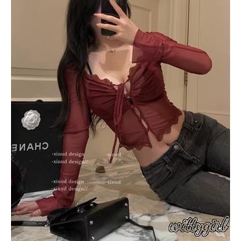 Áo Croptop Tay Dài Vải Sheer Phối Ren Cổ Thấp Thời Trang Xuân Hè Cho Bạn Gái