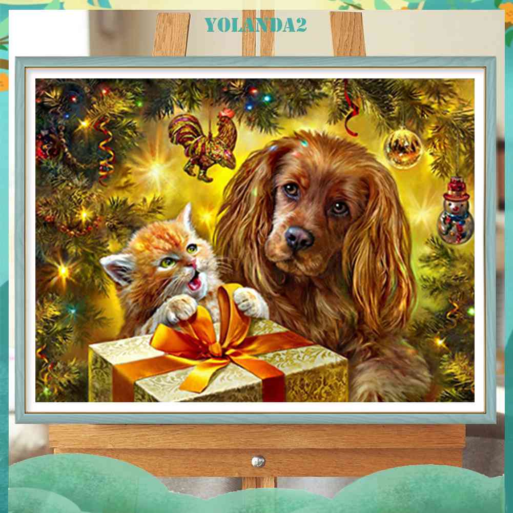 Tranh Đính Đá Kim Cương Toàn Bộ 5D DIY Hình Chó Mèo Giáng Sinh