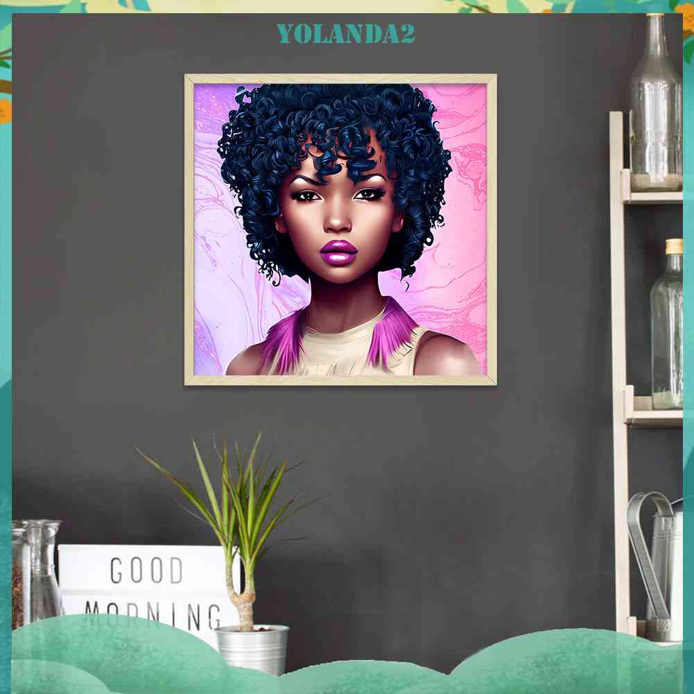 Bộ Tranh Đính Đá 5D Tự Làm Hình Cô Gái Tóc Xoăn Màu Đen Trang Trí Nhà Cửa