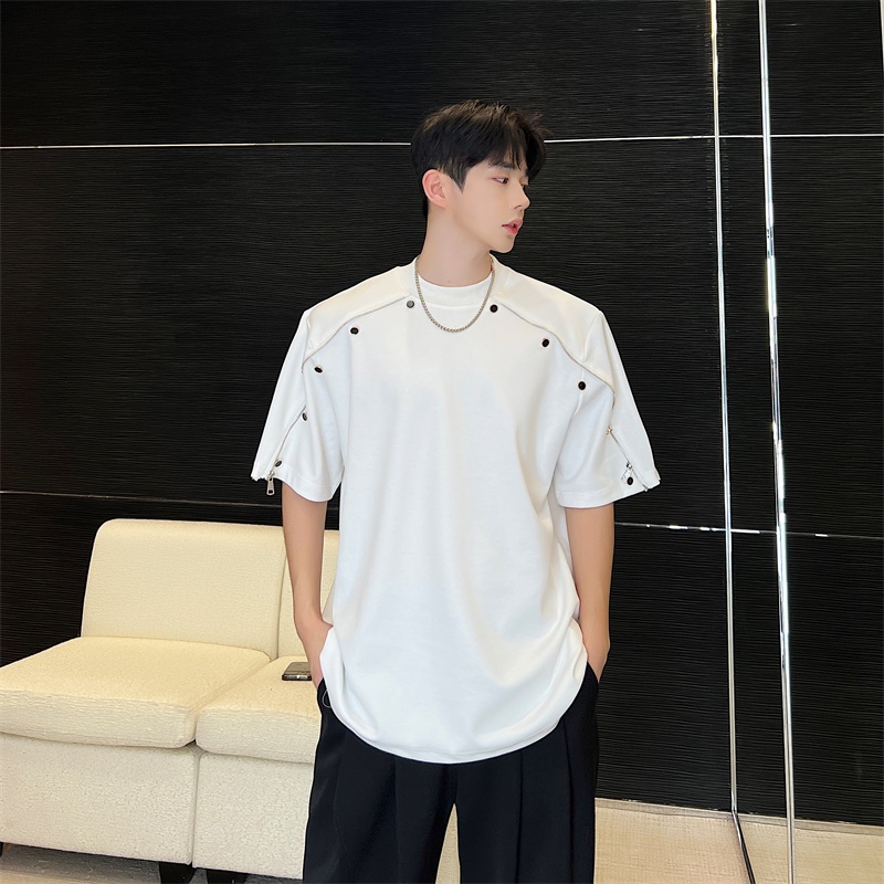 Áo Thun Tay Ngắn Cổ Tròn Dáng Rộng Phối Khóa Kéo Đơn Giản Thời Trang Mùa Hè Cho Nam