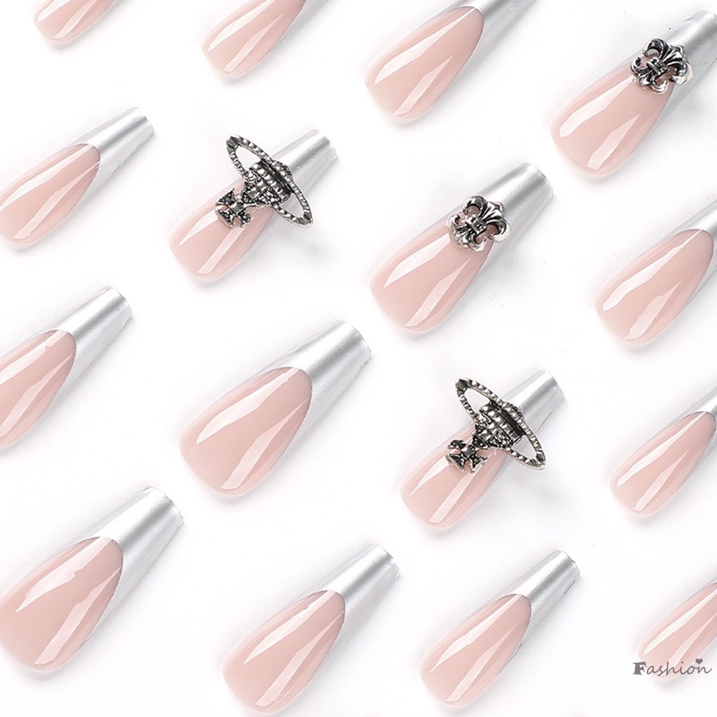 Móng Tay Giả Dài Viền Bạc Kiểu Pháp Màu Sắc Cá Tính