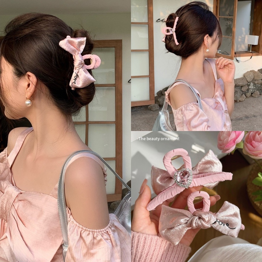 Kẹp Tóc Vải Satin Đính Đá Hình Nơ / Trái Tim Thời Trang Hàn Quốc Cho Nữ