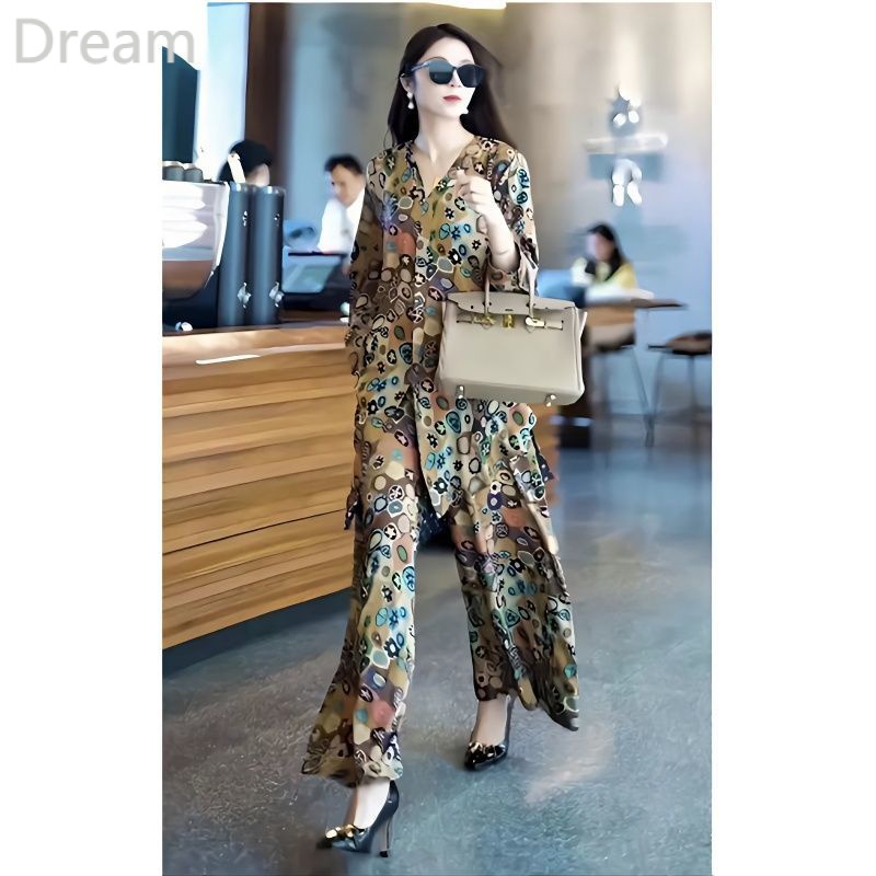 Broad wife wide leg pants set two-piece set high-end elegant large size age-reducing suit