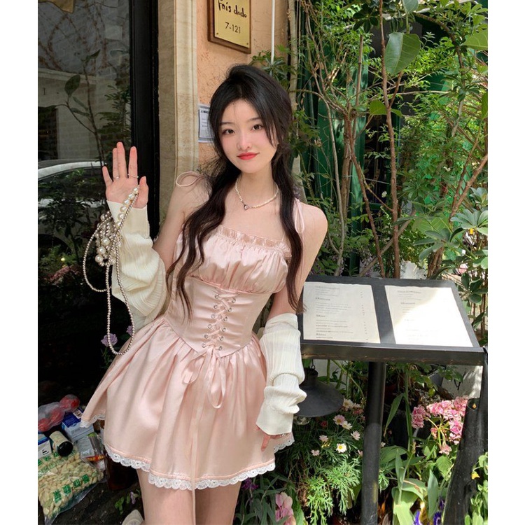 Set Áo Khoác Cardigan + Đầm Hai Dây Phối Ren Thời Trang Mùa Hè Cho Nữ