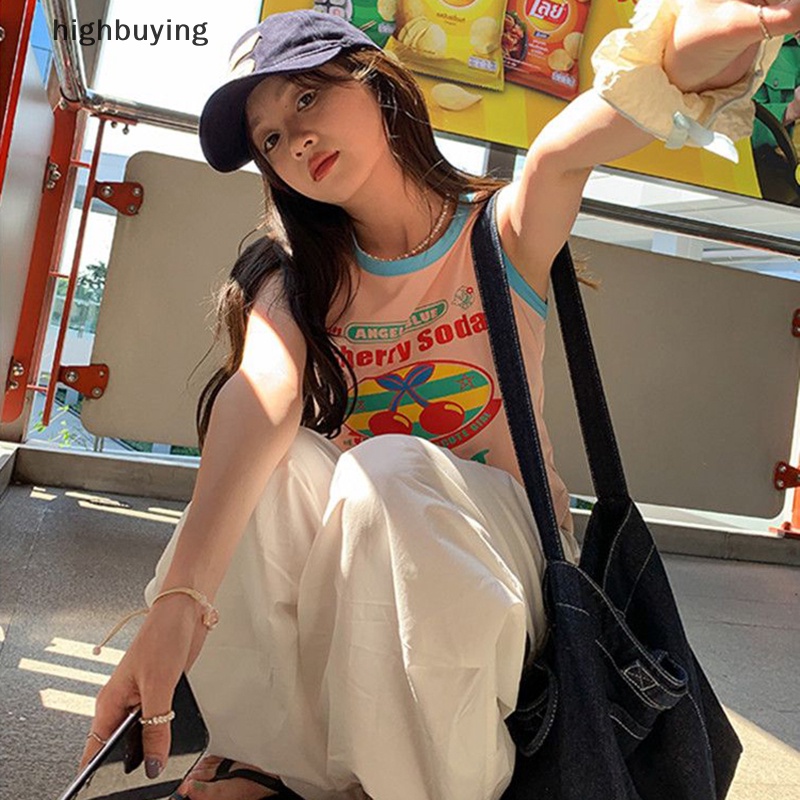 Áo Croptop Sát Nách Cổ Tròn In Họa Tiết Cherry Thời Trang Mùa Hè Cho Nữ