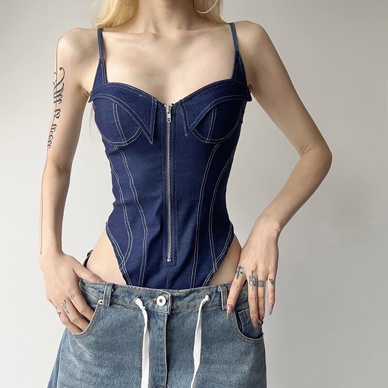 Weird Puss Jumpsuit Denim Không Tay Cổ Chữ V Thời Trang Retro Cho Nữ