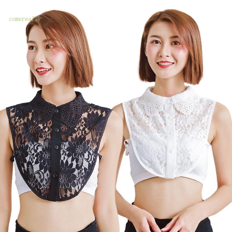 Comereally Áo Thun Lửng Cổ Bẻ Ren Khoét Rỗng Hình Cánh Côn Trùng Màu Trắng Đen Hàn Quốc Có Thể Tháo Rời Cho Nữ