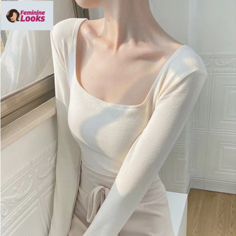 Áo Thun Tay Dài Cổ Vuông Dáng Ôm Phong Cách Mỹ