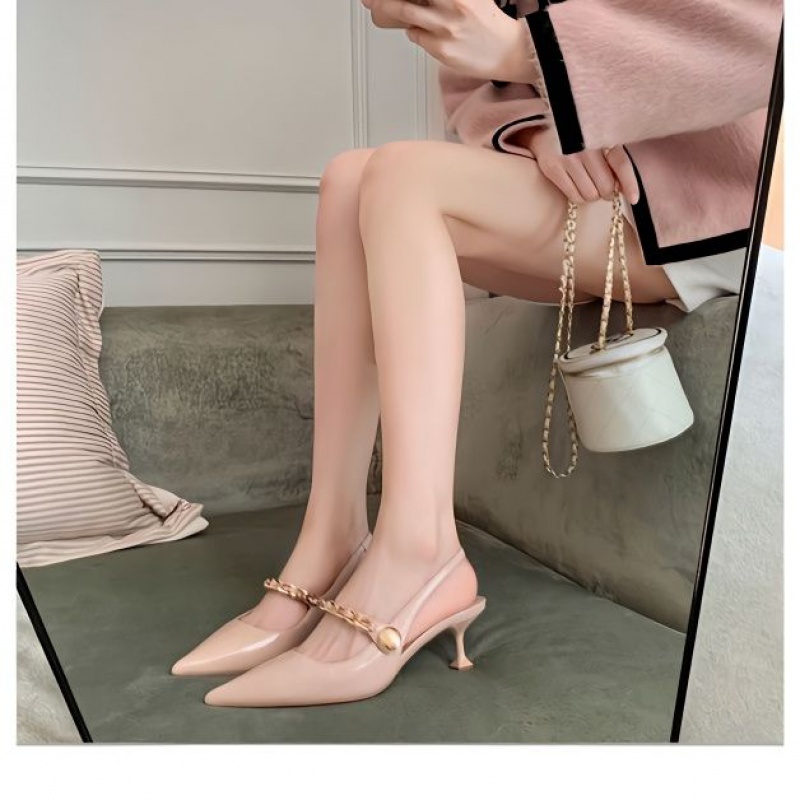 Sandal Cao Gót Mũi Nhọn Hở Một Bên Gót Thấp Phong Cách Pháp Cho Nữ