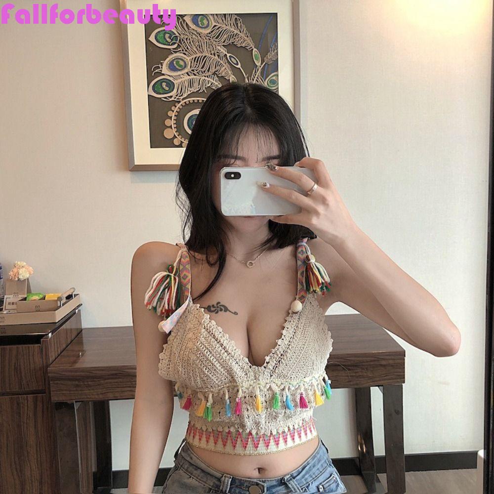 Áo Crop Top Cổ Chữ V Dáng Rộng Phối Tua Rua Phong Cách Retro Dễ Thương Dành Cho Nữ