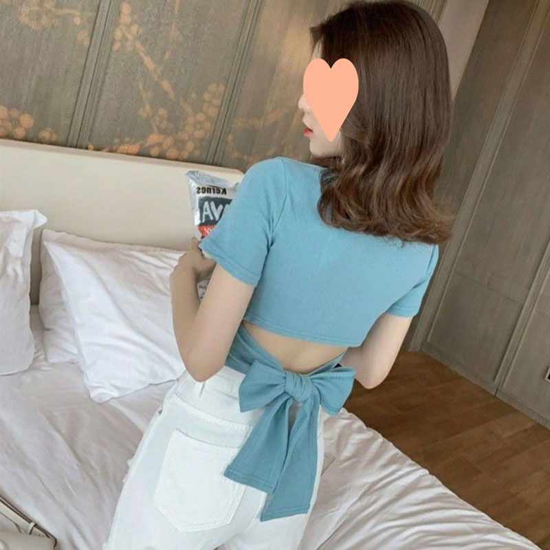 Áo Thun Ngắn Tay Lưng Cao Hở Lưng Thắt Nơ Phong Cách KAYNA 2023 Cho Nữ