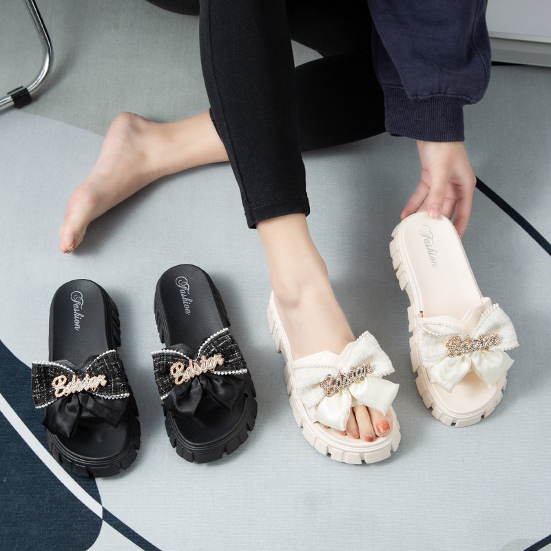 BẠCH LỘC ĐẠI NHÂN✨Dép mang ngoài trời  đế phẳng dày đính nơ cho nữ