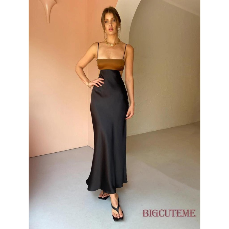 [] - Đầm Dài Dáng Ôm Cổ Thuyền Hở Lưng Phối Màu Tương Phản Thời Trang Mùa Hè Dành Cho Nữ