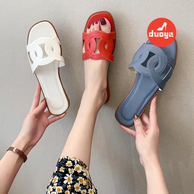 Duoya Dép Cao Su PU Gót Thấp 3cm Màu Trơn